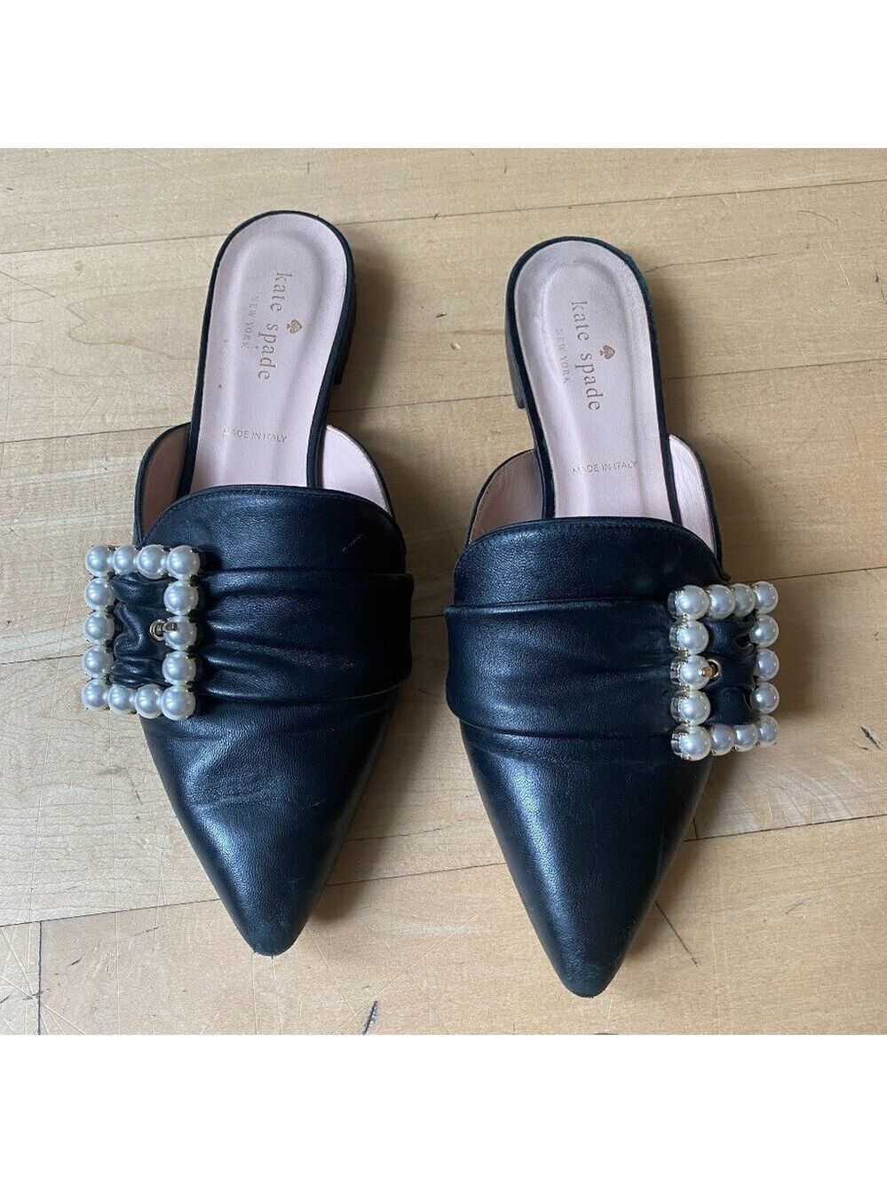 Kate Spade slip on black slide mule women sz 7 Pearl buckle